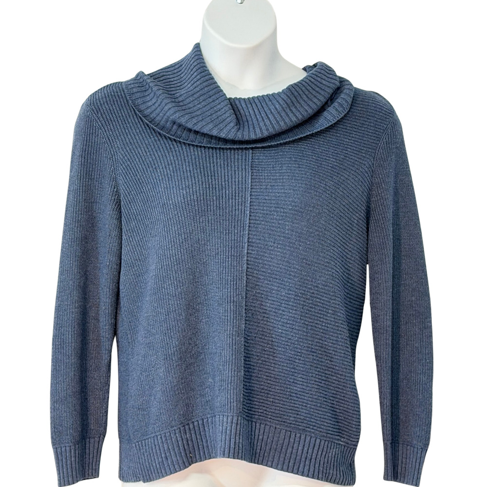 Chico’s Sz 2 L Cowl Neck Sweater Blue Ribbed Knit Cashmere Blend Pullover